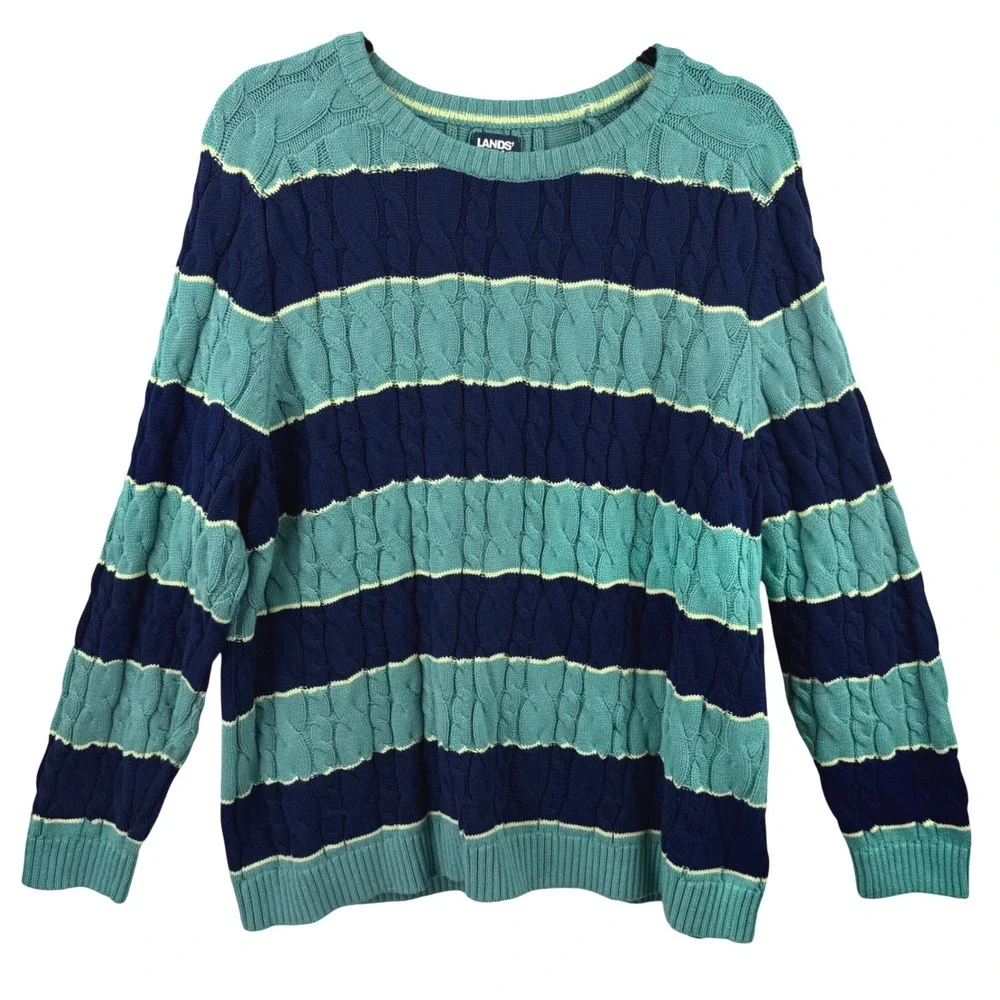 Lands' End Drifter Sweater Womens XL Blue Teal Striped Cable Knit Cotton Preppy